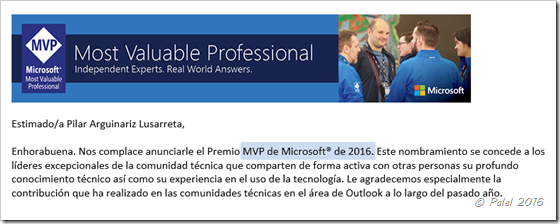 Reconocimiento Microsoft MVP Outlook 2016 - palel.es